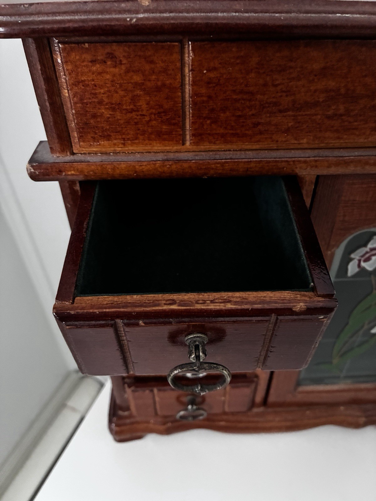 Wood Jewelry Box Cabinet Floral Glass Door Mirror Velvet Lining 25+ Pieces