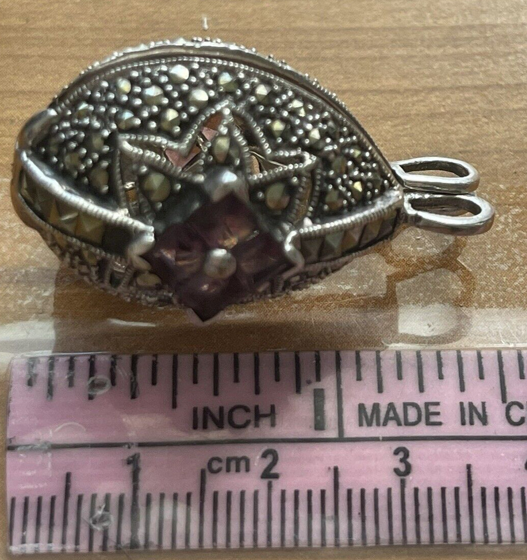 Vintage Sterling Silver 925 Poison Pill Box Locket Pendant Marcasite Stamped I5