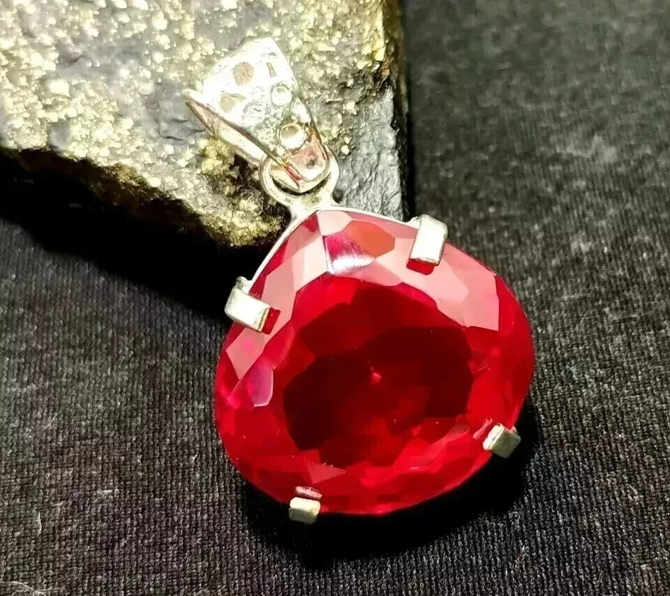50 Ct+ Natural Burmese Heart RUBY 925 Solid Silver Pendant Certified Gemstone