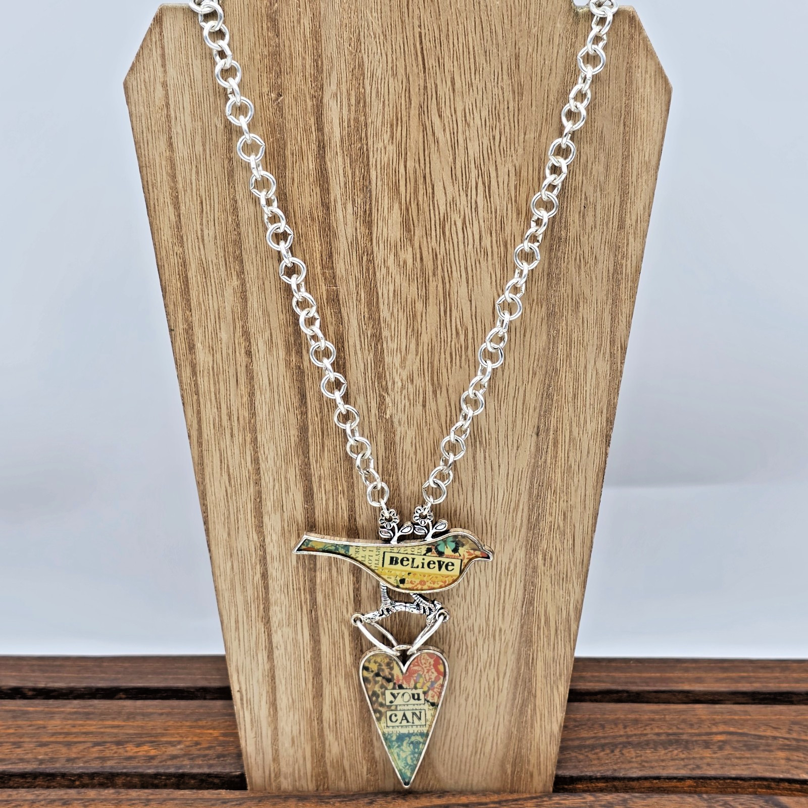 Plunder BELIEVE YOU CAN Silver Bird & Heart Pendant Mixed Media Necklace 30”