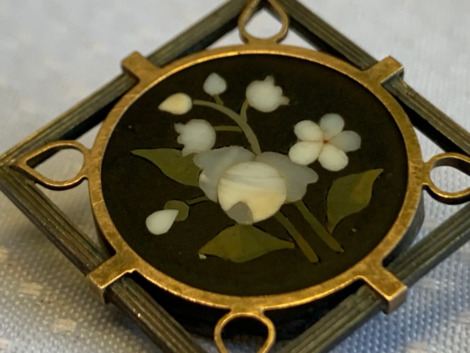 Vtg Pietra Dura Sterling Silver Gold Filled Floral Brooch Jewelry Flower Pin