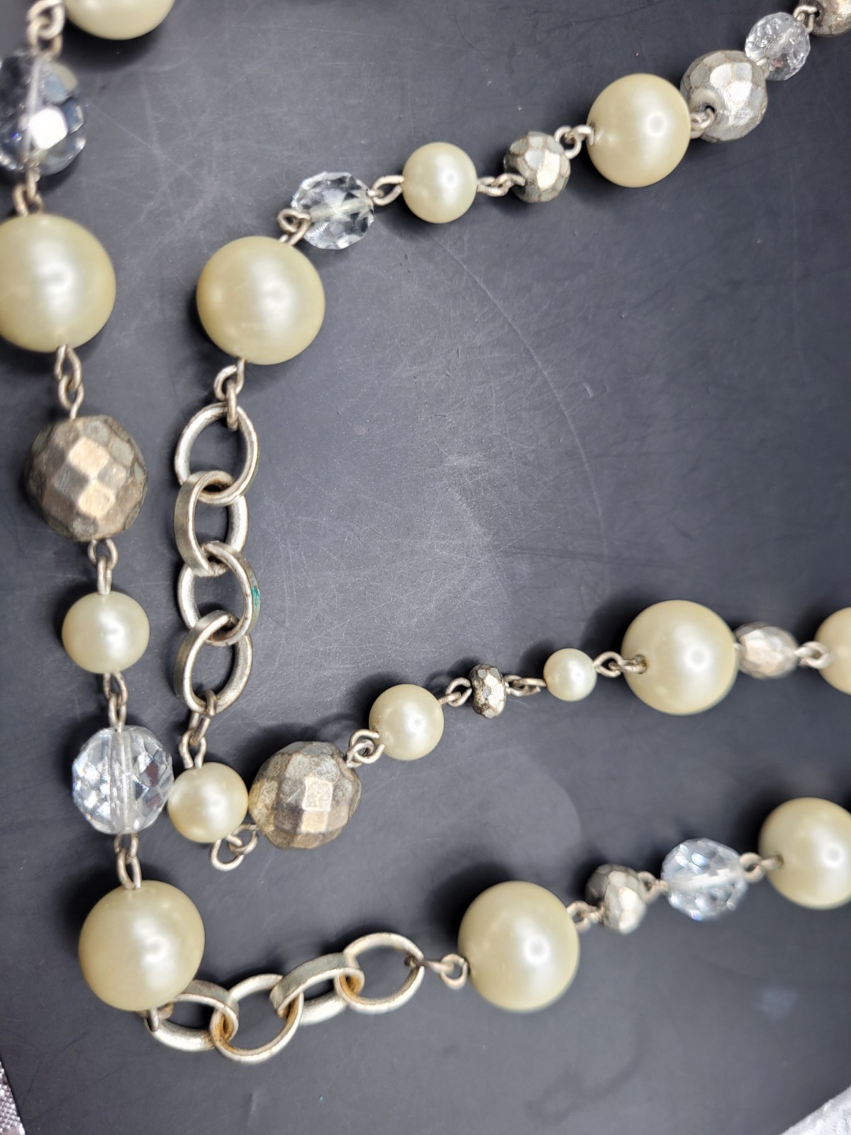 White House Black Market Layered Faux Pearl Bead Necklace Silver Tone