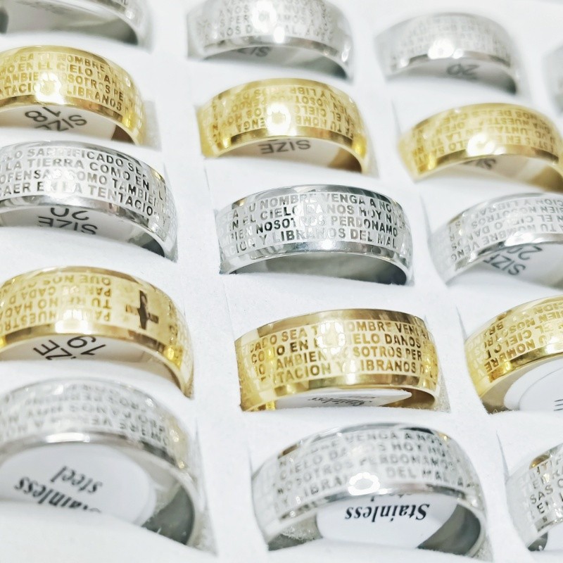 36 Pcs 8mm Spanish Lord’s Prayer Cross Etched Stainless Steel Rings Religious