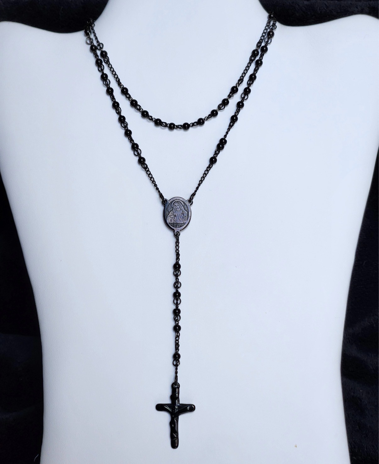 PURE LUX BLACK STAINLESS STEEL ROSARY CROSS NECKLACE – 24″