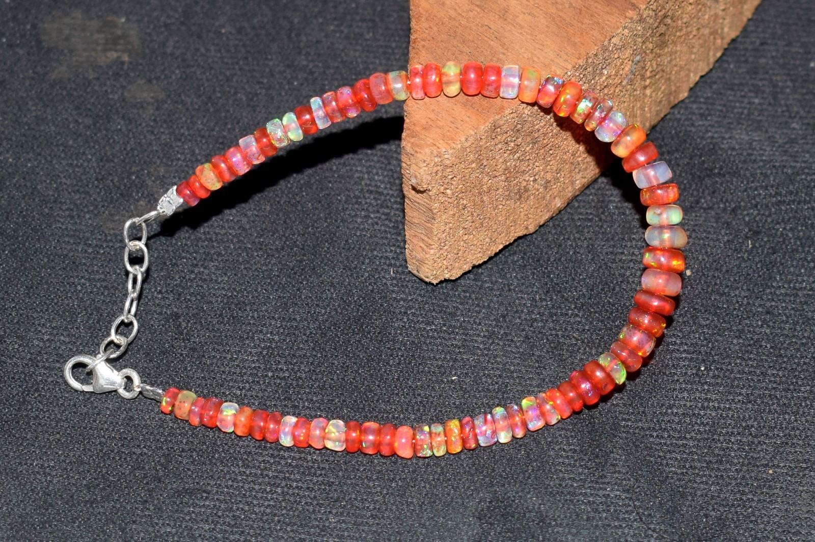 925 Sterling Silver Natural Ethiopian Opal Gemstone Beads 7.5”Bracelet AF0328