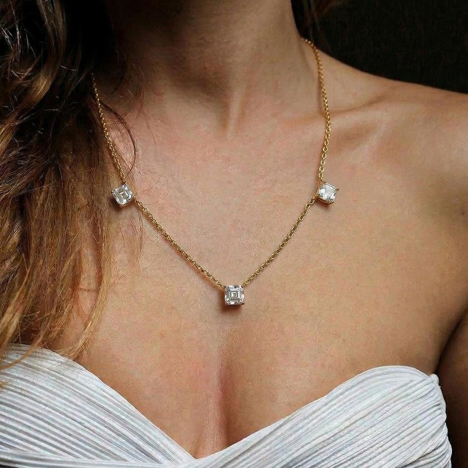 Dainty Gold Three Stone Necklace, White Zircon Necklace, Minimalist Station Neck