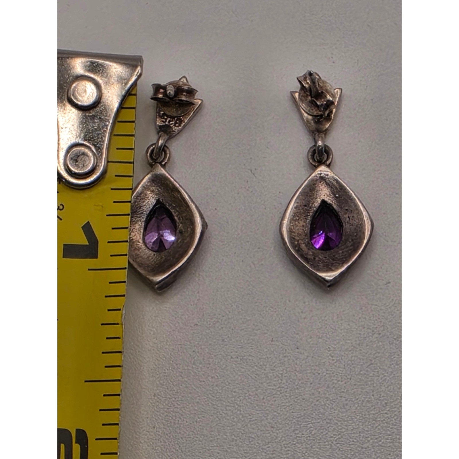 Vintage Sterling Silver Amethyst Marcasite Drop Earrings Art Deco Style 925
