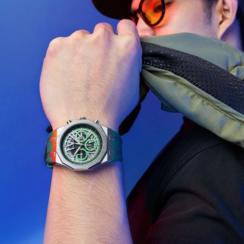 AILANG Men Skeleton Dodecagonal Multifunction Chronograph Luminous Quartz Watch