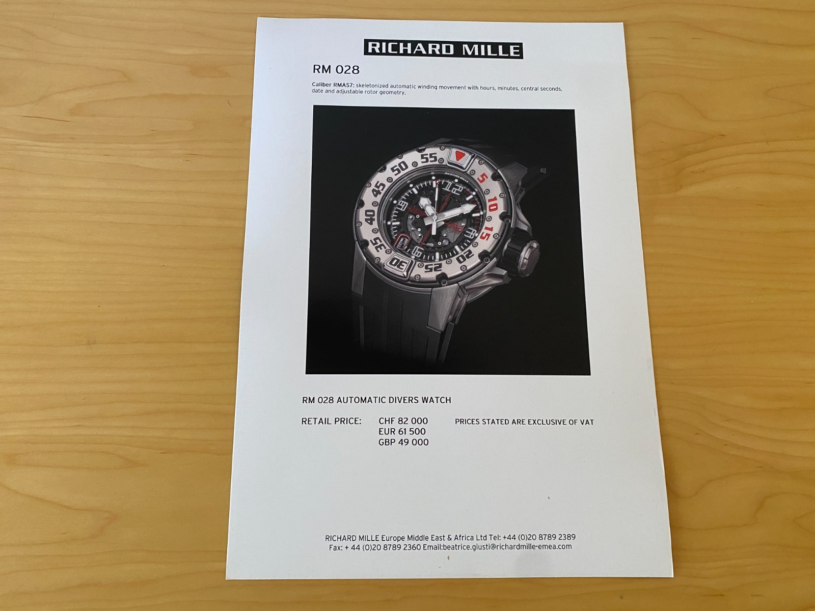 Richard Mille RM 028 Automatic Divers Watch Service Dossier Sheet