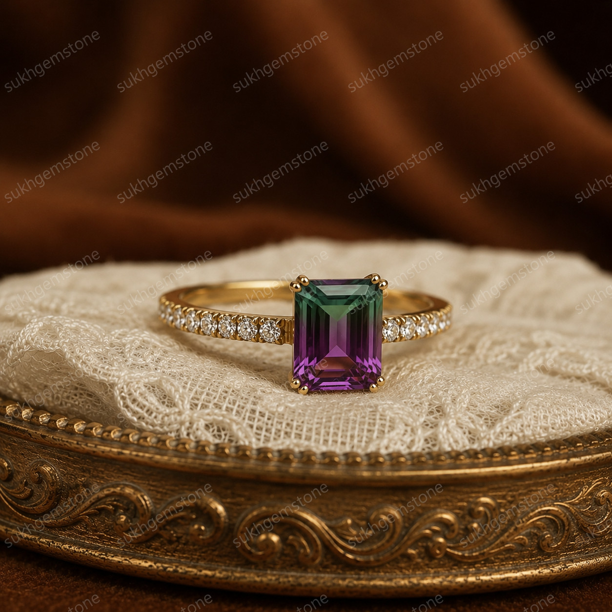 Lab Created Watermelon tourmaline Ring, Base Metal: Brass Finish: Gold Plated