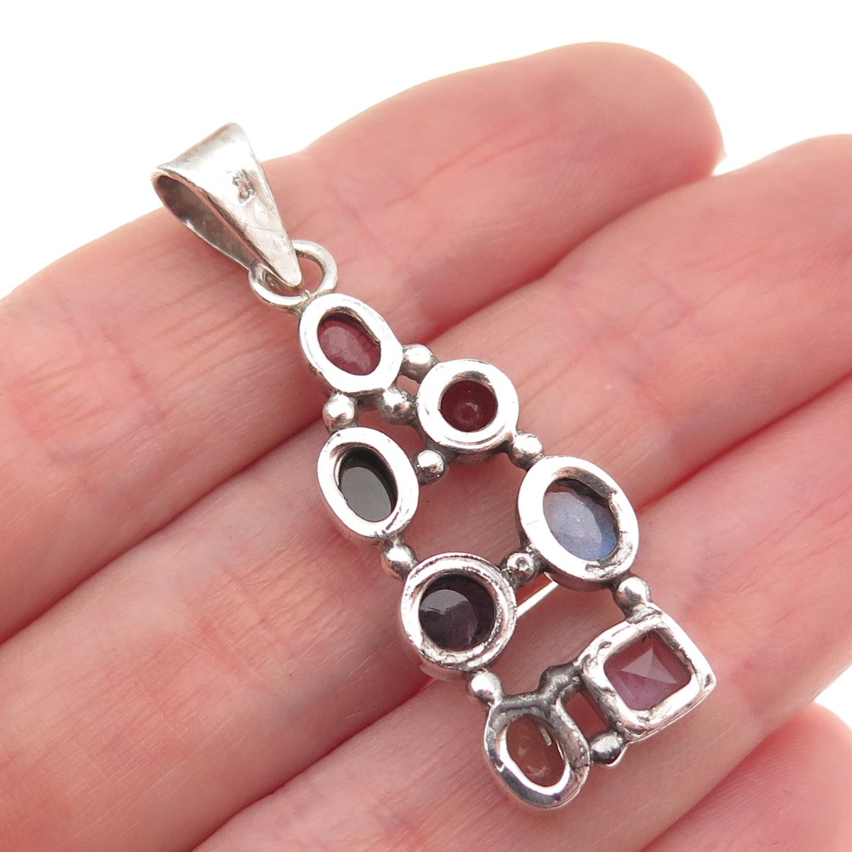 925 Sterling Silver Vintage Tourmaline Amethyst Garnet Iolite Moonstone Pendant