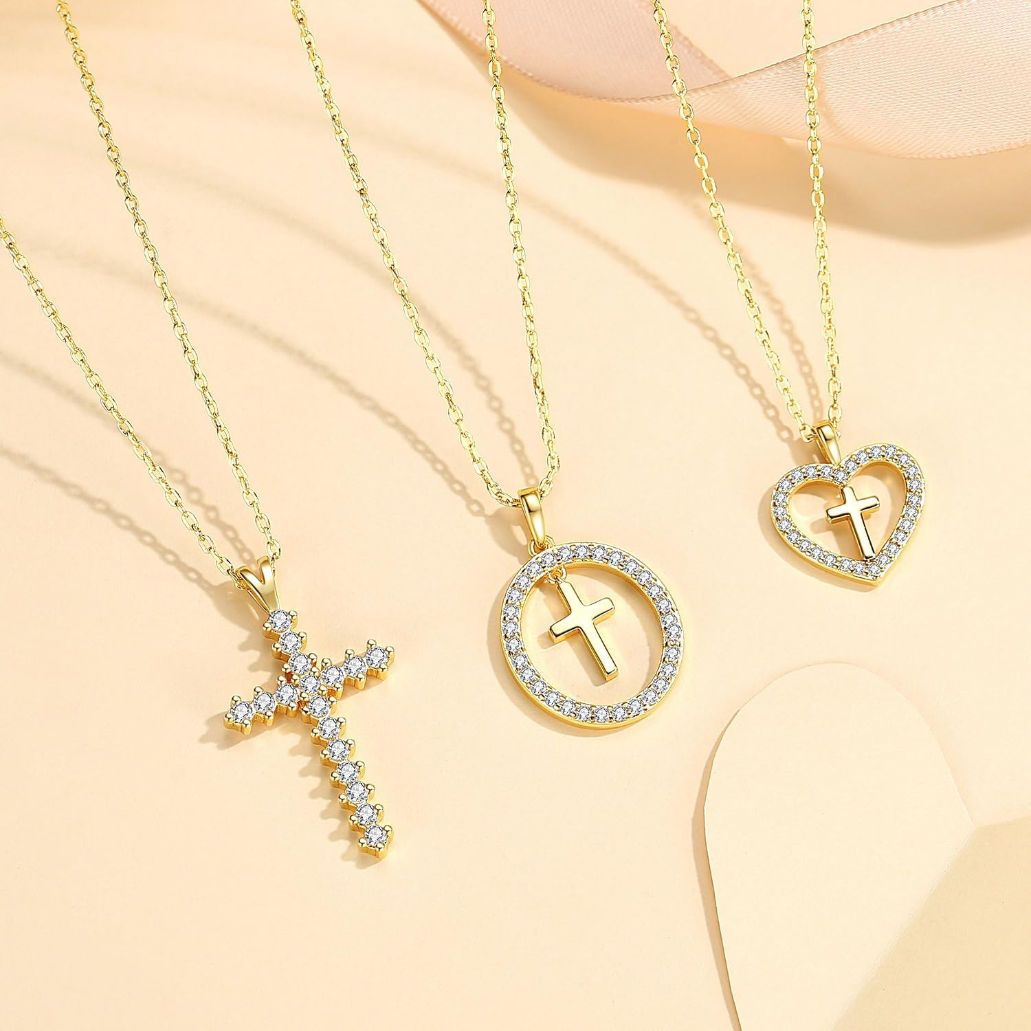 Gold Cross Necklace for Women 14K Gold Plated Cubic Zirconia Cross Faith Pendant