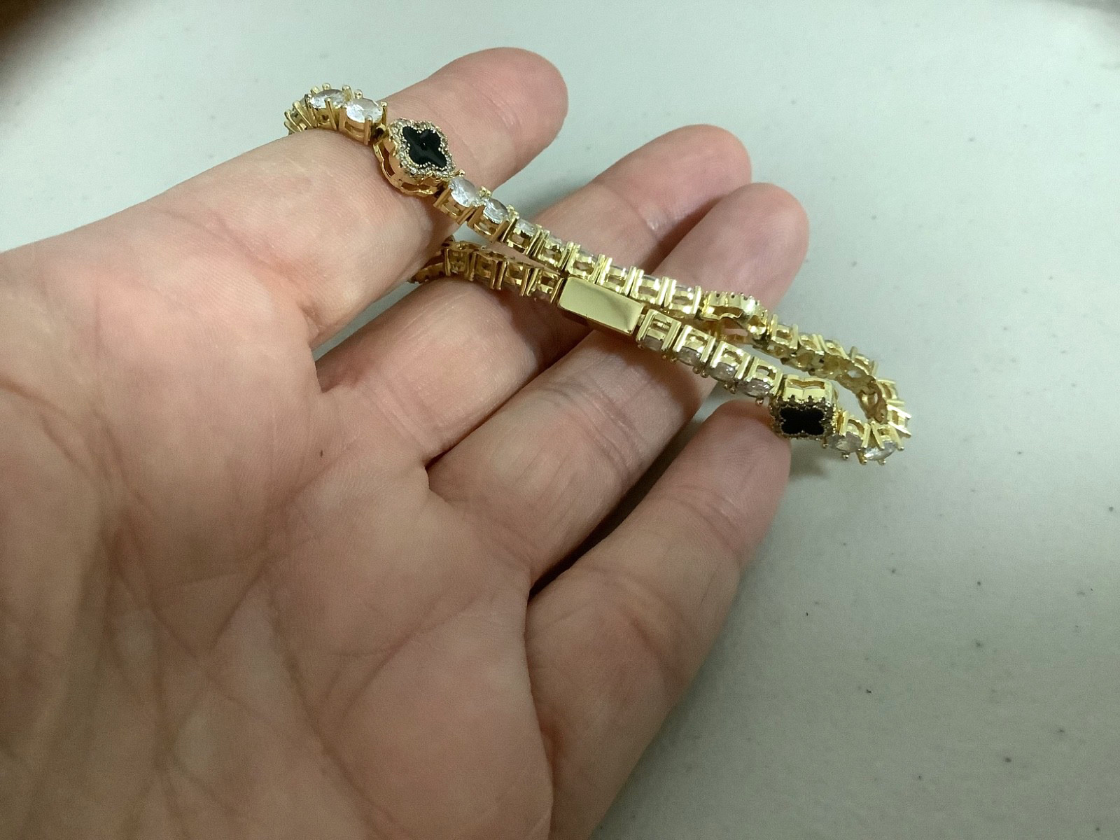 Imperium 18k gold plated CZs four leaf clover black enamel tennis bracelet 7″