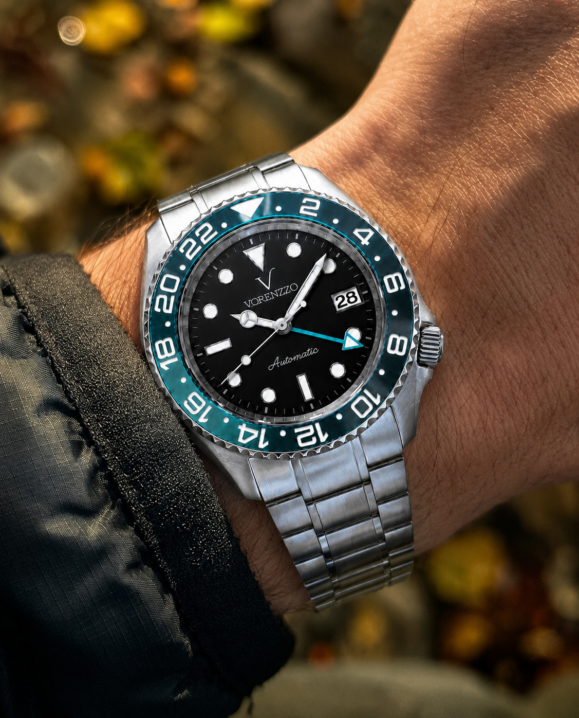 VORENZZO Automatic GMT Watch 40mm Black Dial Teal Bezel Sapphire Steel