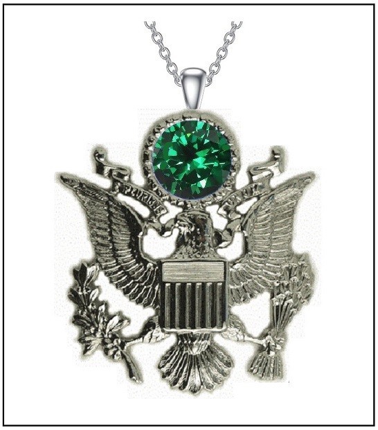 AMERICAN EAGLE w/ GREEN CRYSTAL Necklace – 2″ US Coat of Arms Silver Steel