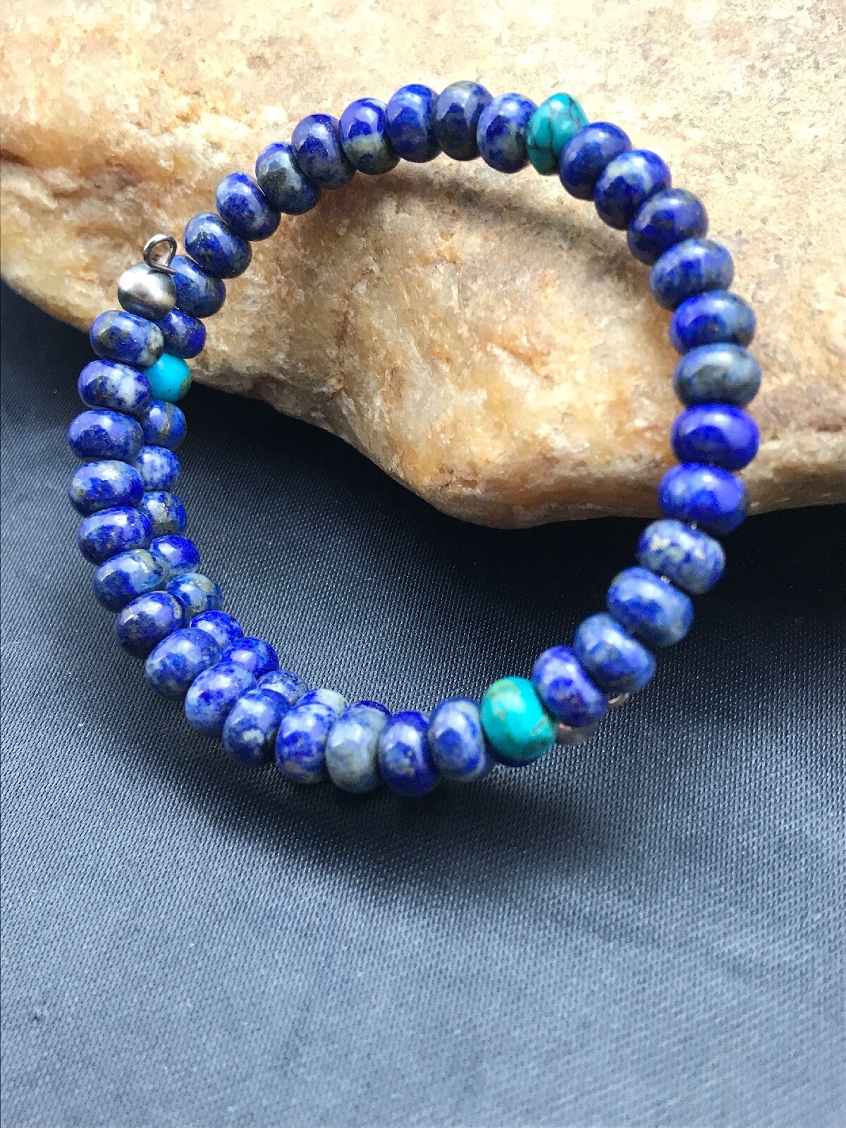 Lapis & Turquoise Bead Southwestern Navajo Sterling Silver Bracelet 03260