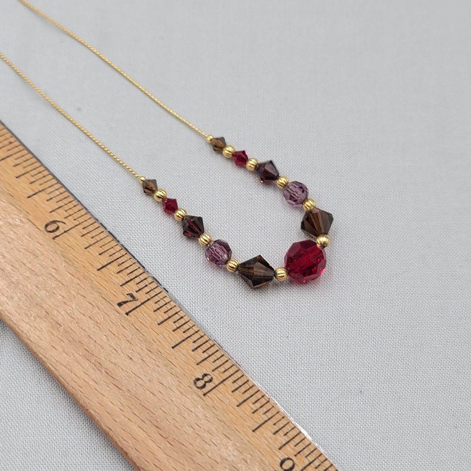Red Brown Purple Crystal Bead Necklace Gold tone Chain 16″-19″