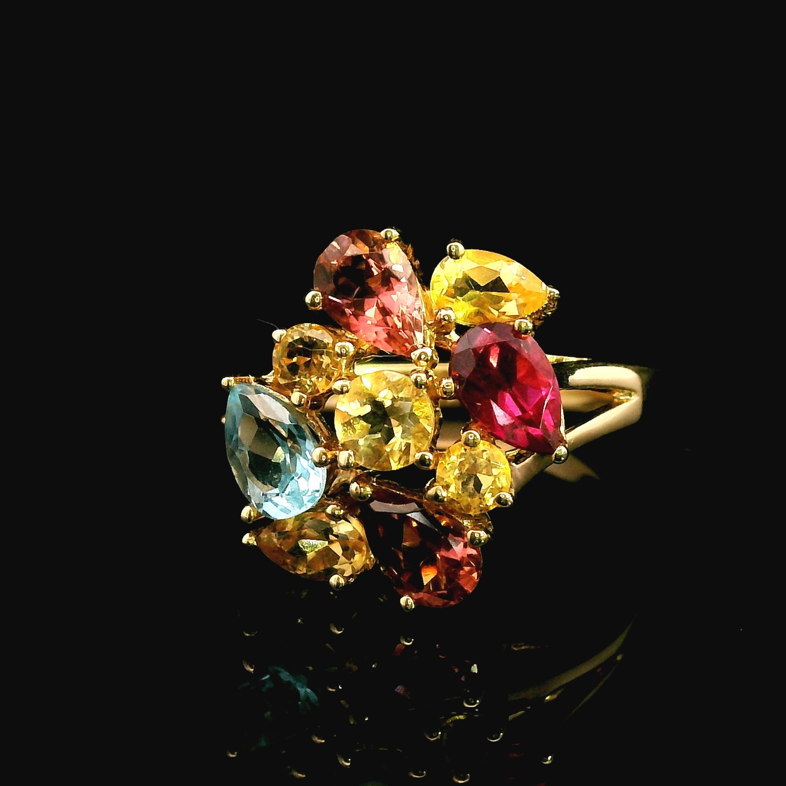 9ct Yellow Gold Ring Amethyst Topaz Garnet Sapphire Multi Gemstone 3.8g Stamped