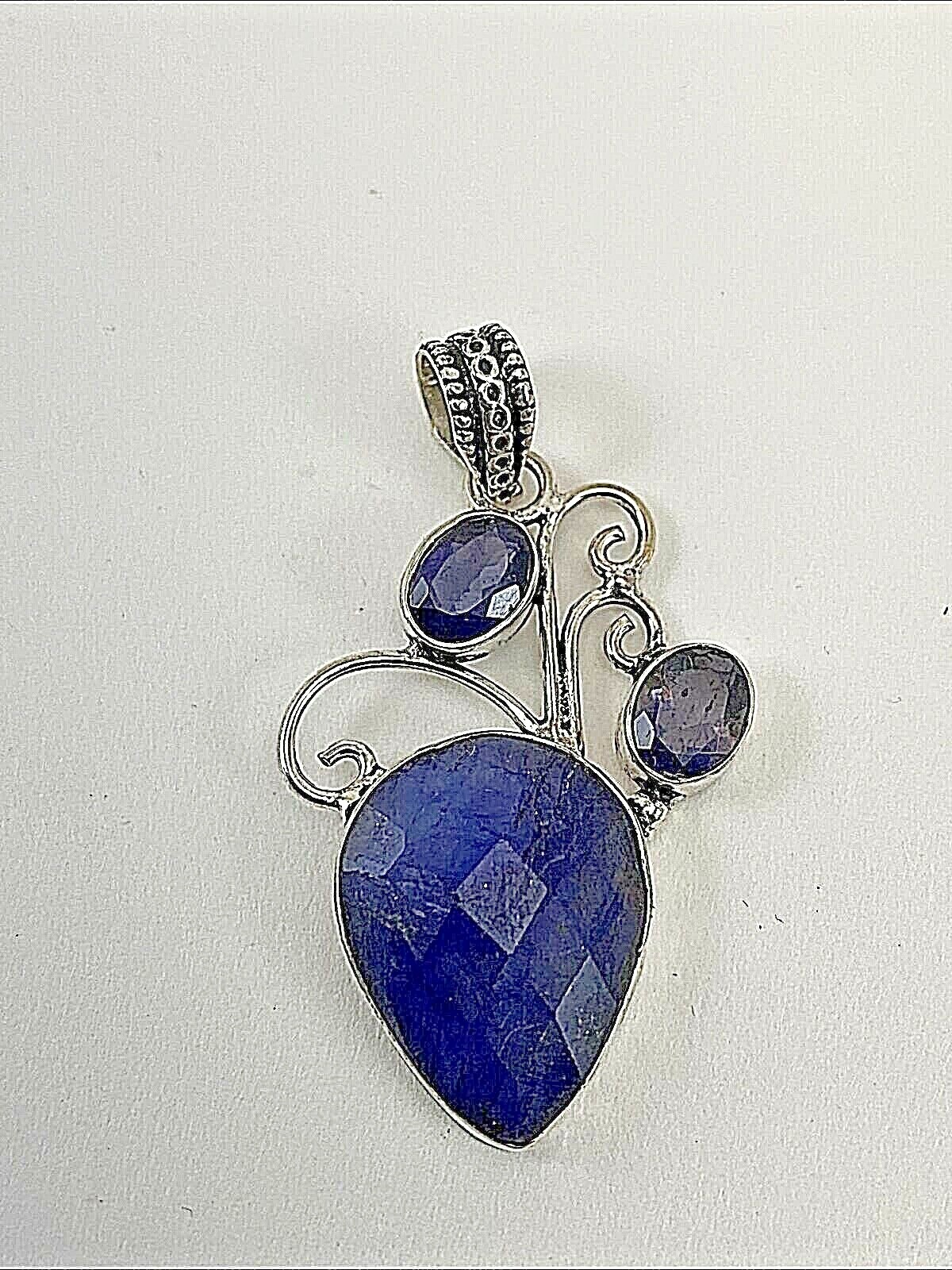 Sterling Silver .925 17mm x 21mm Faceted Pear Sapphire Amethyst Scroll Pendant