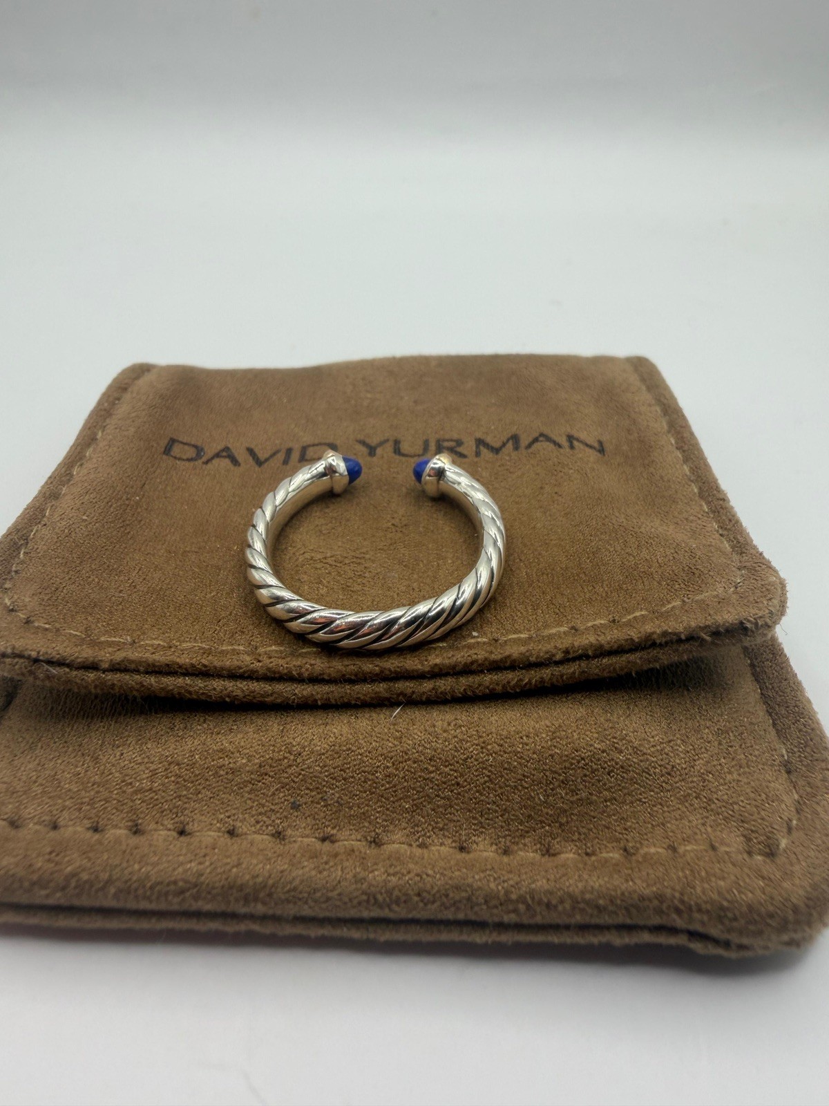 David Yurman Sterling Silver Petite Cable Open Ring W/ 14k Gold & Lapis Size 7