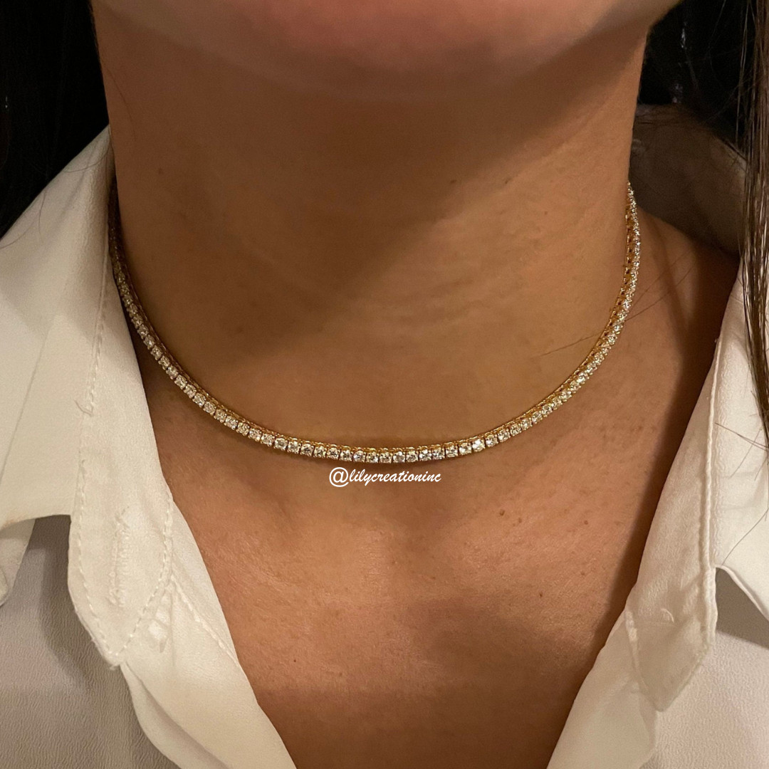 6.50 Ct Round Natural Diamond Choker Tennis Necklace 16 Inch 14K Gold