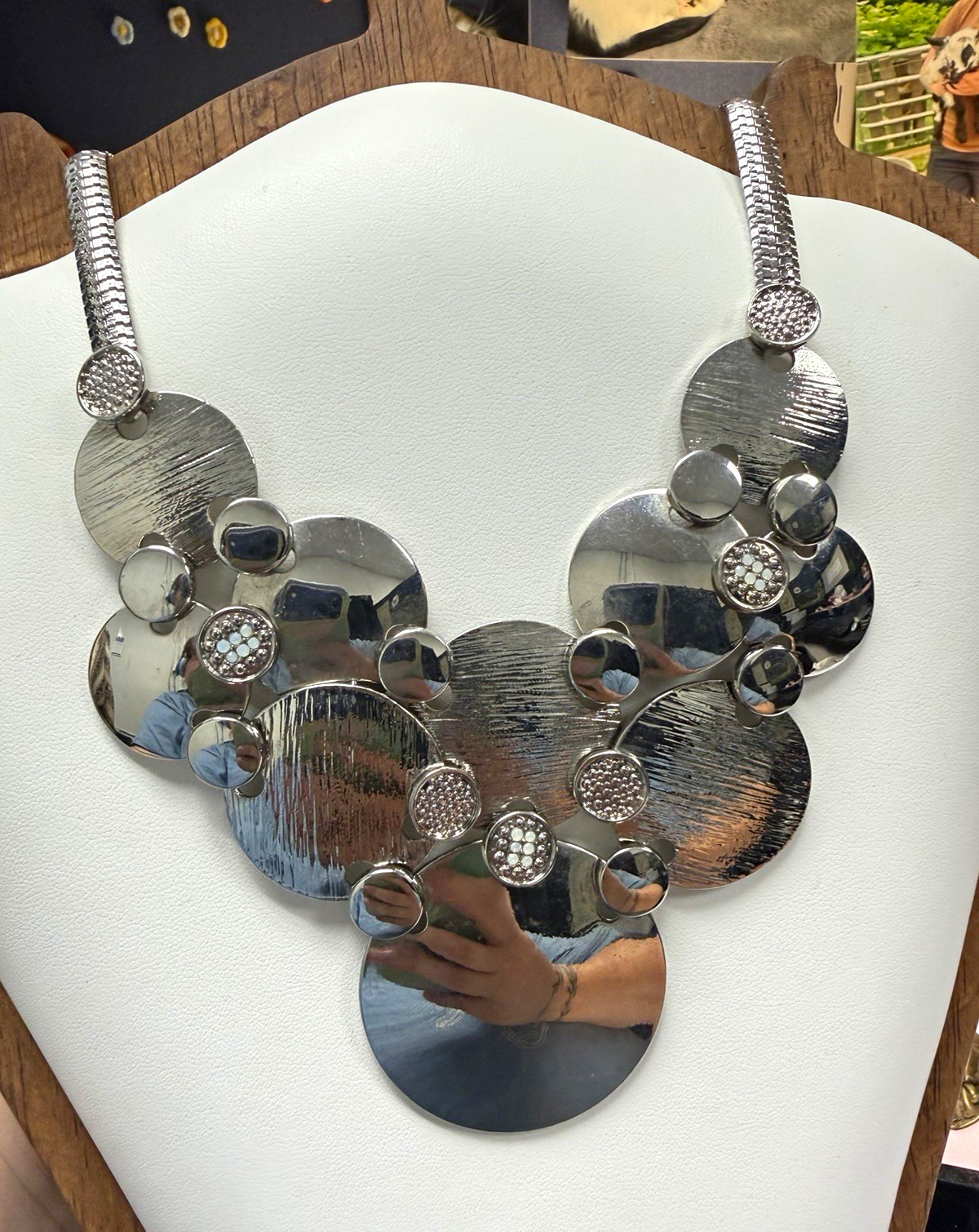 Signed J Lo Silver Tone Statement Bib Necklace Round Disc