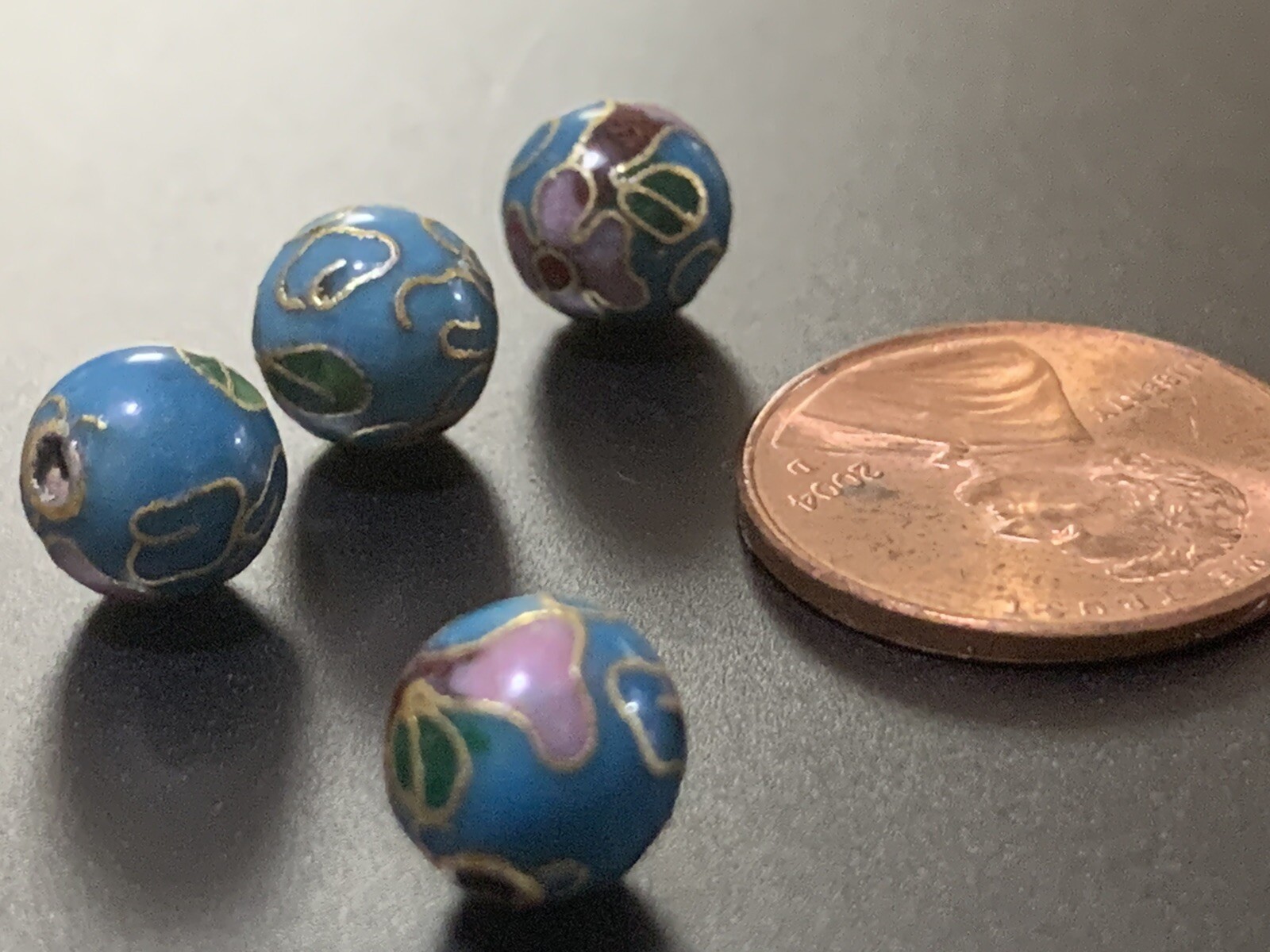 4x Lot Cloisonne Chinese Enamel Beads Vintage Blue w/ Flowers Leaves Round 8mm