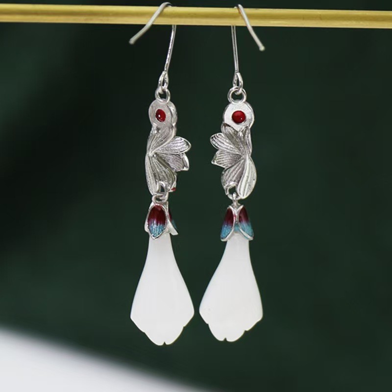 Jade Flower Earrings Enamel Drop Dangle Long Chinese Style Ethnic Women