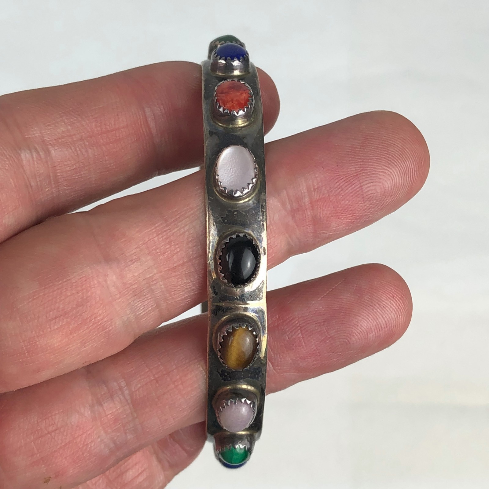 Sterling Silver Bangle bracelet inlaid semi precious stones coral lapis other