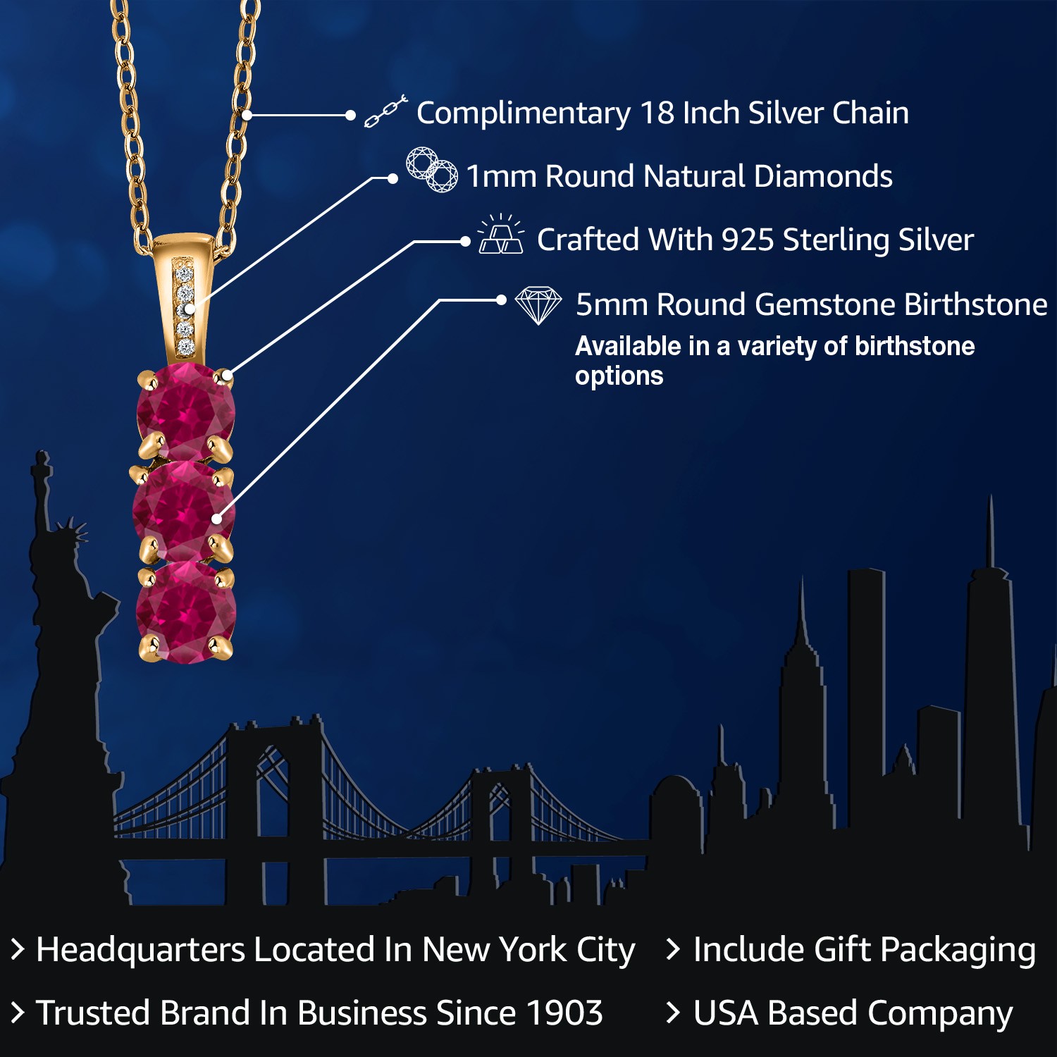 18K Yellow Gold Plated Silver Diamond and 3 Gemstone Birthstone Mother