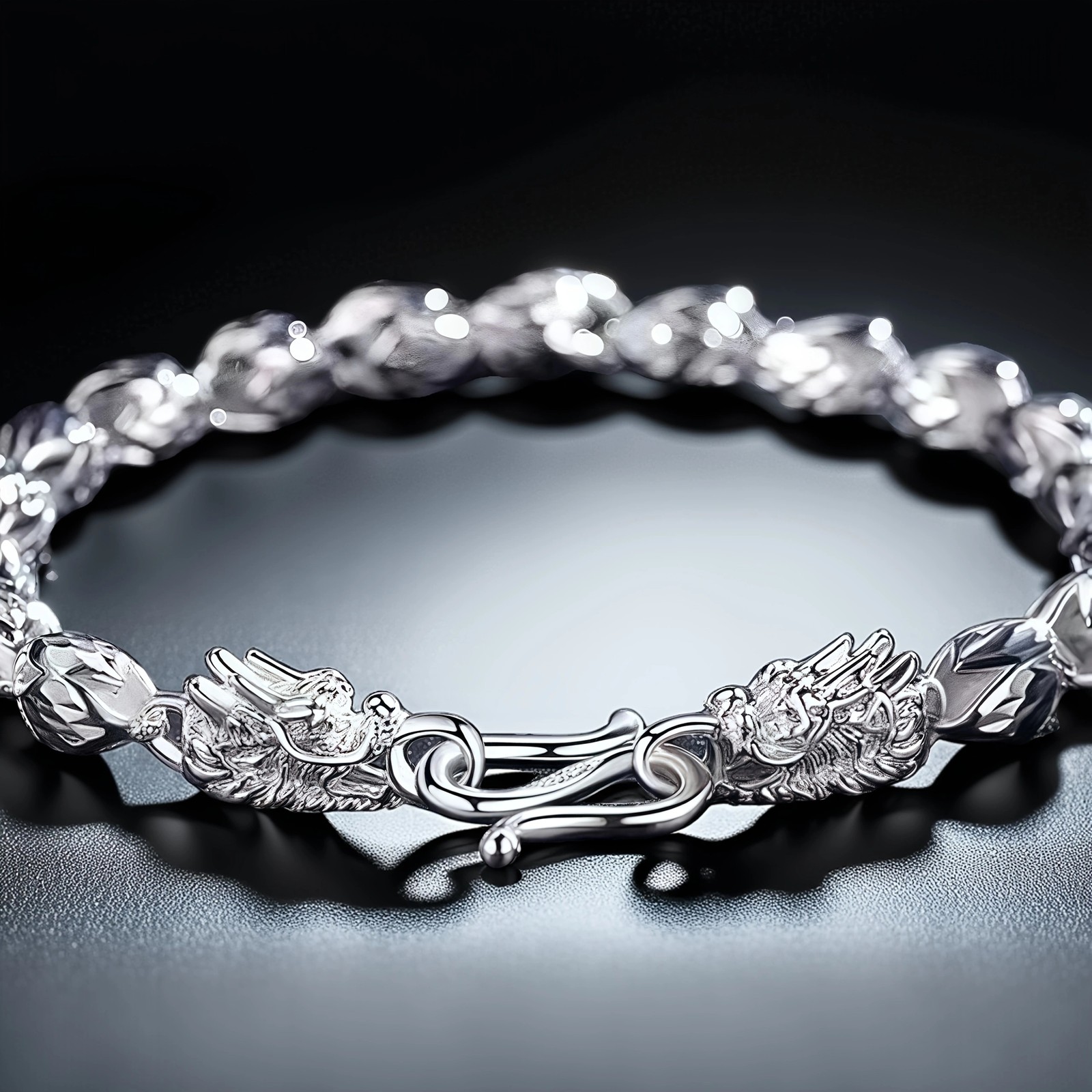 Double Dragon Head Link Bracelet – Silver Plated Chinese Dragon Toggle Vintage L