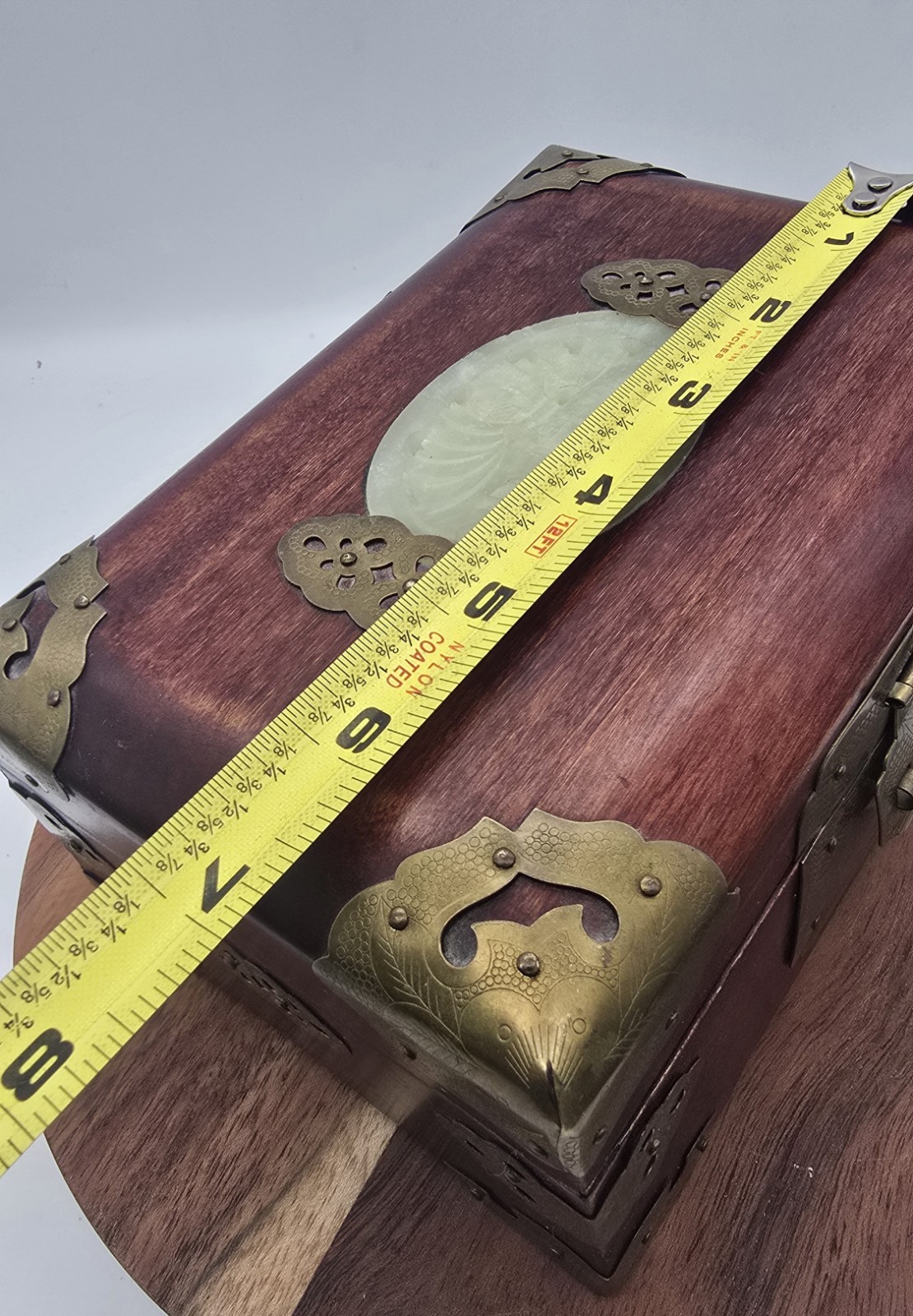 VTG Shanghai – Rosewood Brass Jewelry Box – Carved Jade Medallion Asian * READ