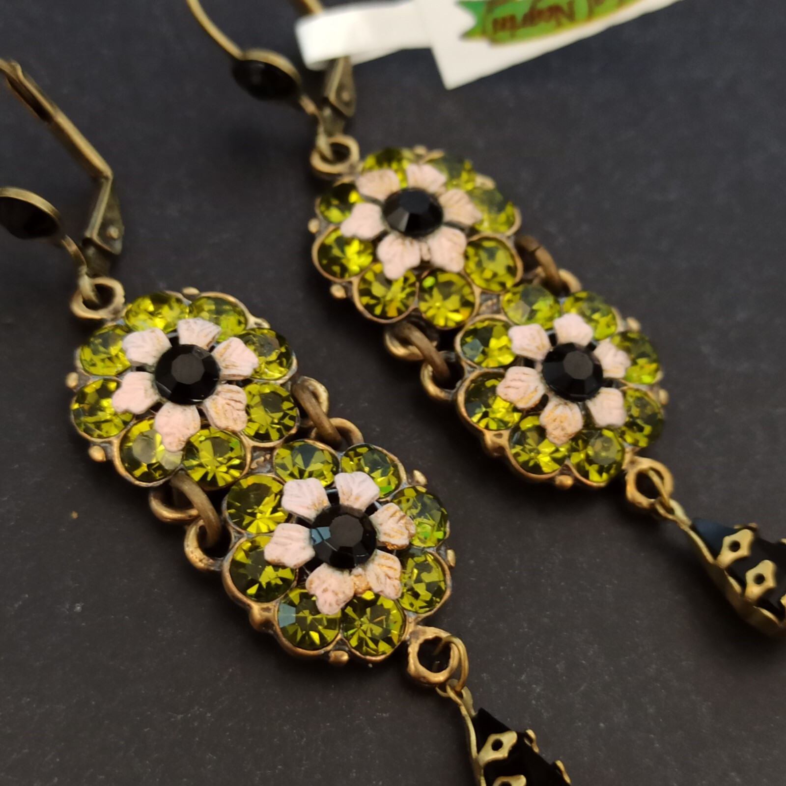 Michal Negrin Earrings Olive Green Black Crystals Long Cocktail Unique Deco Gift