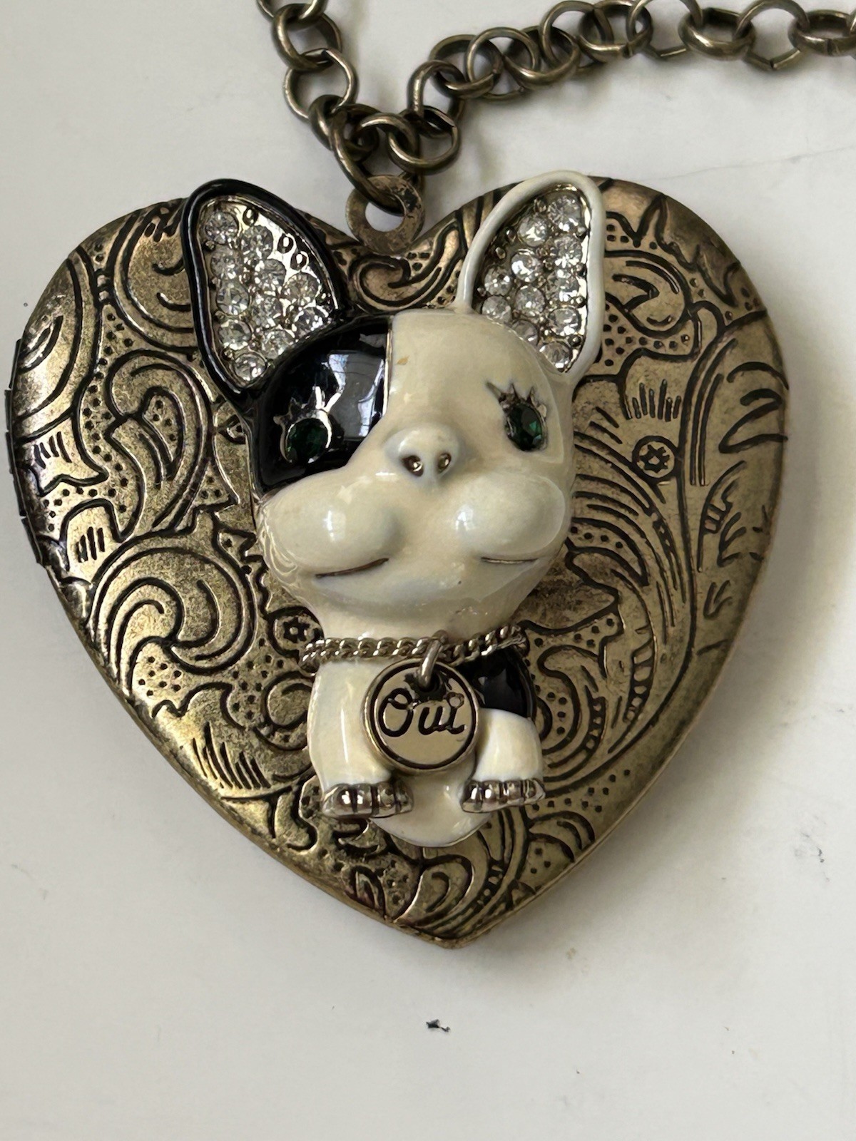 Betsey Johnson Enameled French Bulldog Dog Heart Locket Charm Necklace Signed