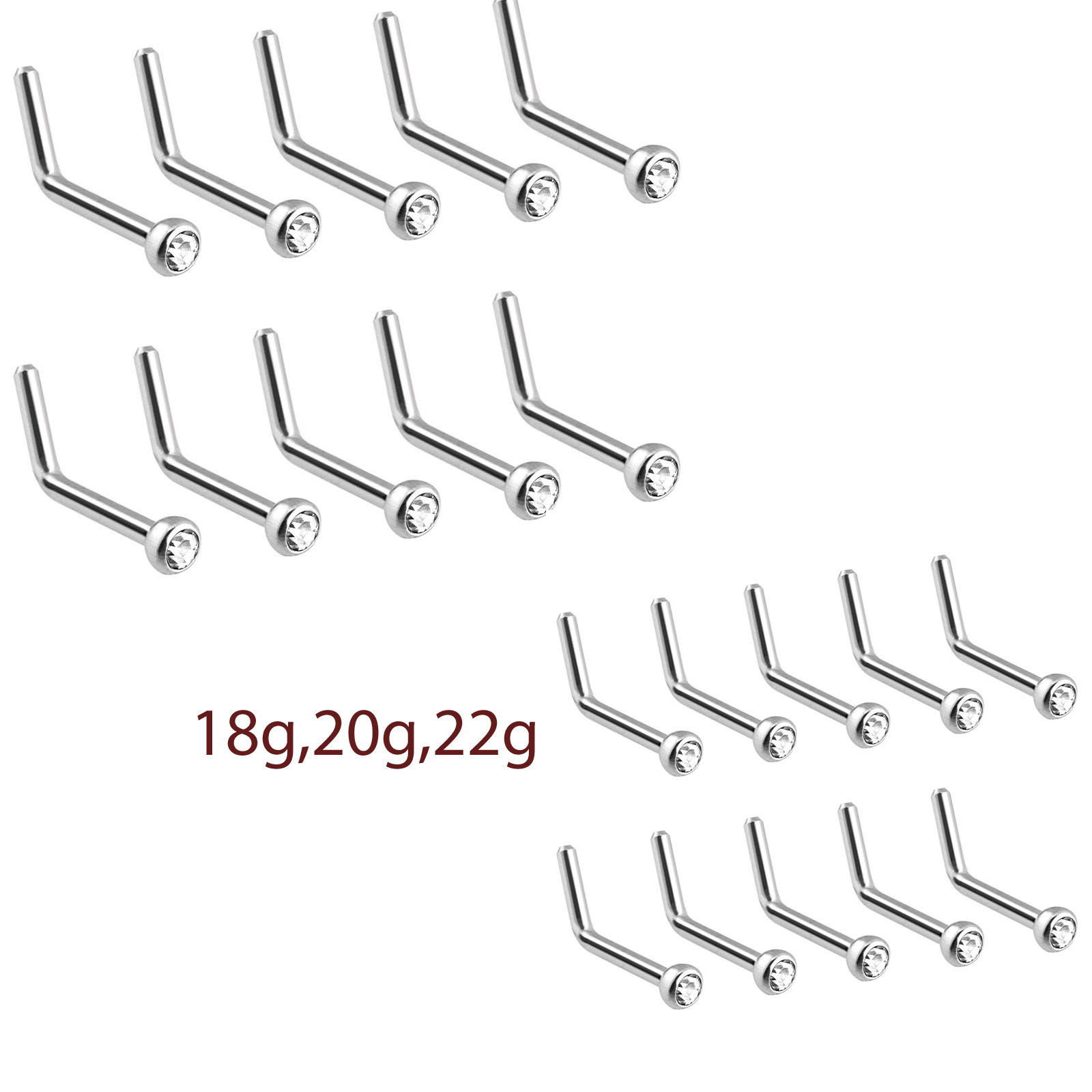 10 Pc Surgical Steel L Bend Stud Nose Ring with Clear Press Fit 2 mm CZ Gems