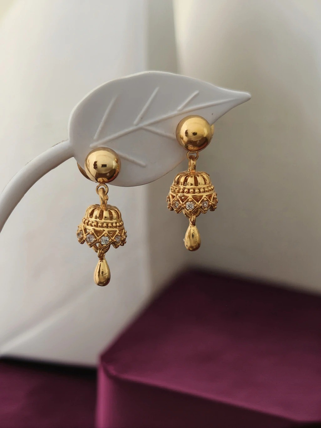 Gold Plated Jhumki Earrings, Cubic Zirconia Brass, Art Deco Style Drops