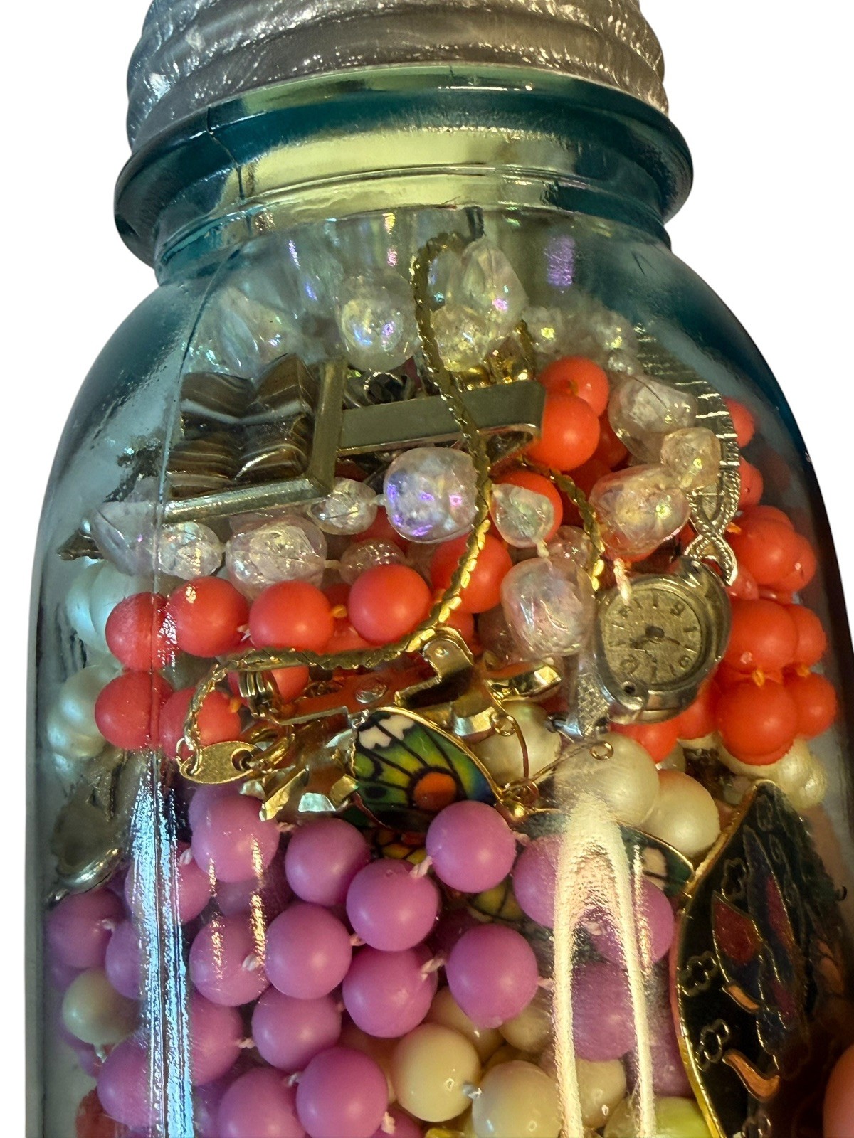 Large Mystery Jewelry Jar Dainty Delicate Pieces Gold Silver Finish Vintage EUC