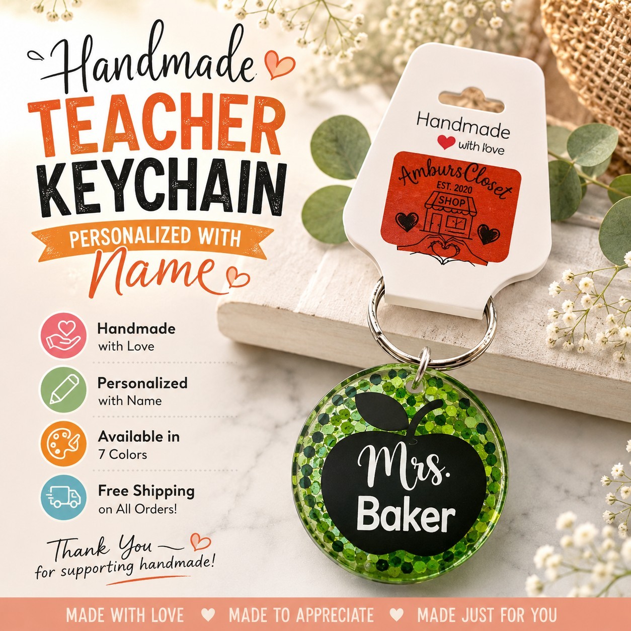 CUSTOM School Teacher Keychain Jewelry Gift Pendent w/ NAME Ornament