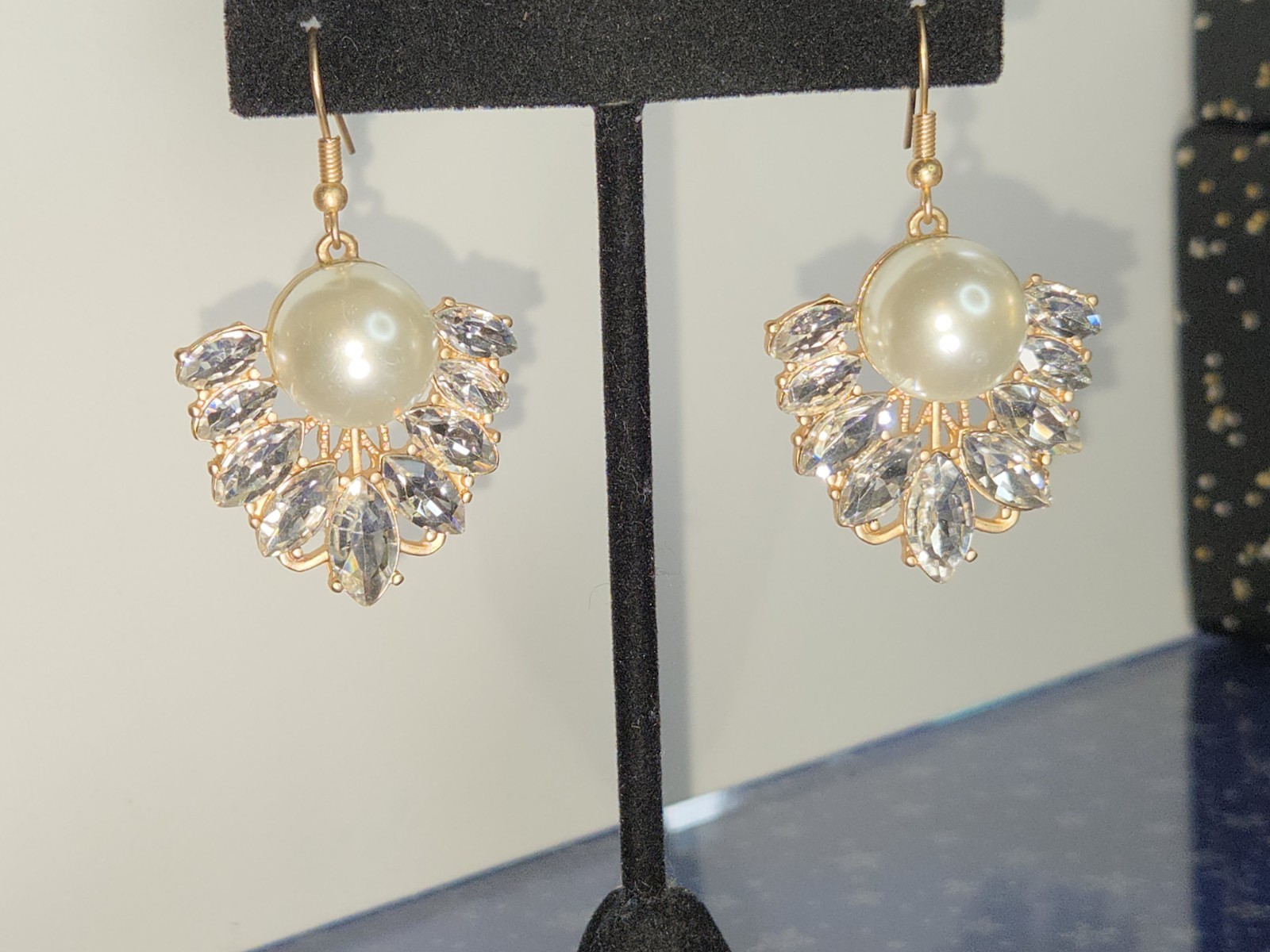 Gold Tone Pearl Cabochon Pierced Earrings W/ Clear Crystal Fan Bottom