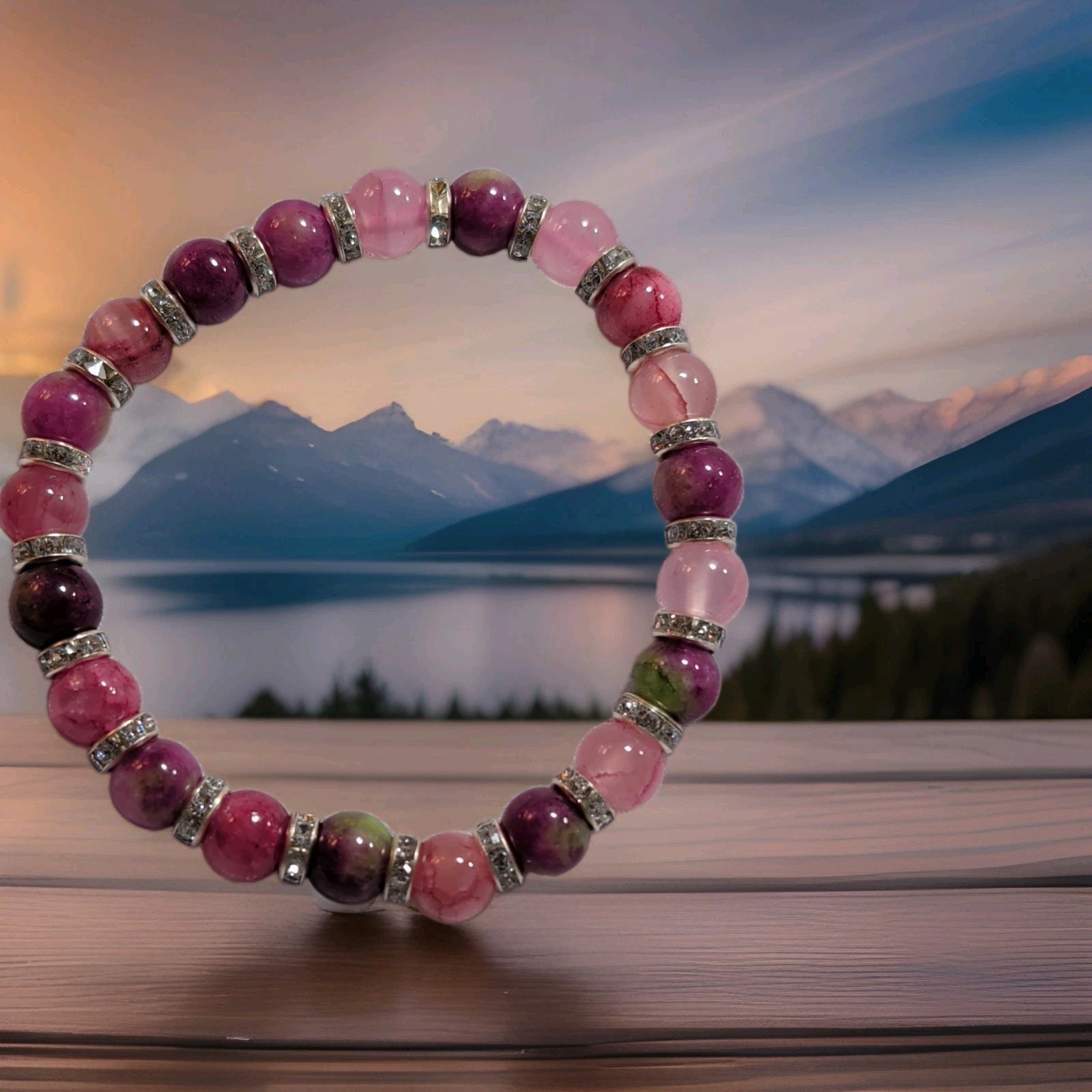 Pink Purple Stone Round Bead Stretch Bracelet 7 in w/ Rhinestone Spacer Rings