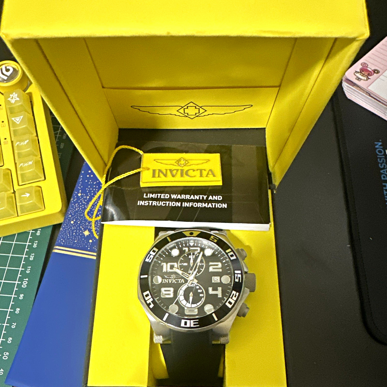 Invicta Men’s Quartz Chronograph Date Black Dial Rubber Strap Watch w/Box