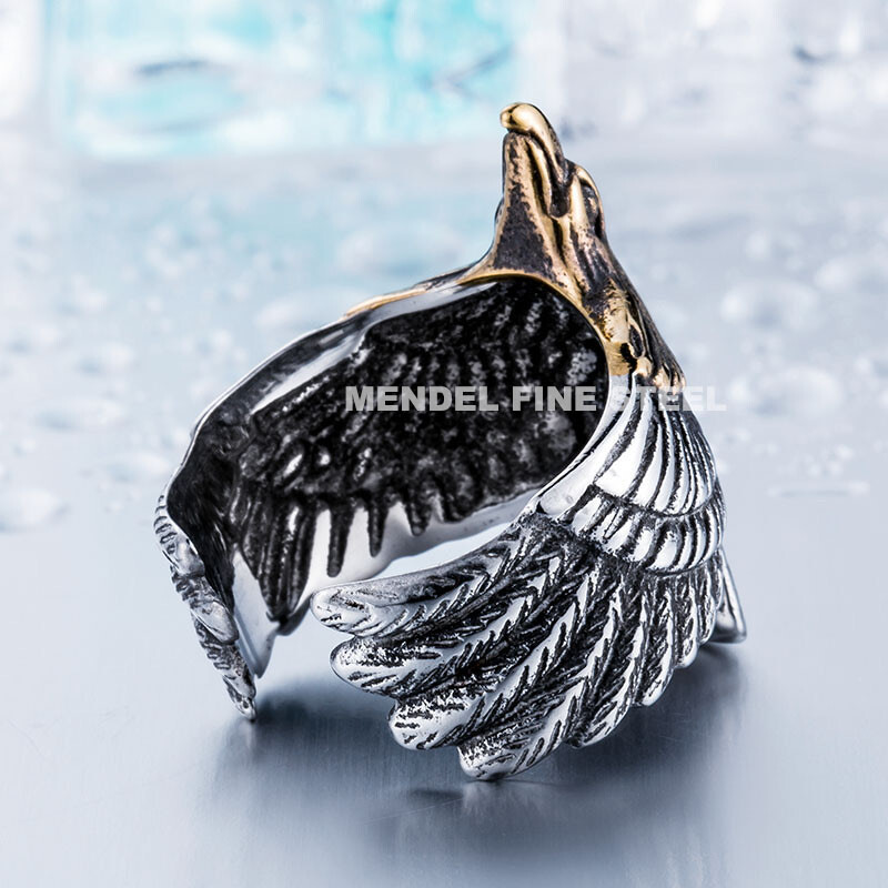 MENDEL Mens Stainless Steel Gold Plated Eagle Head Bird Biker Ring Men Size 7-15