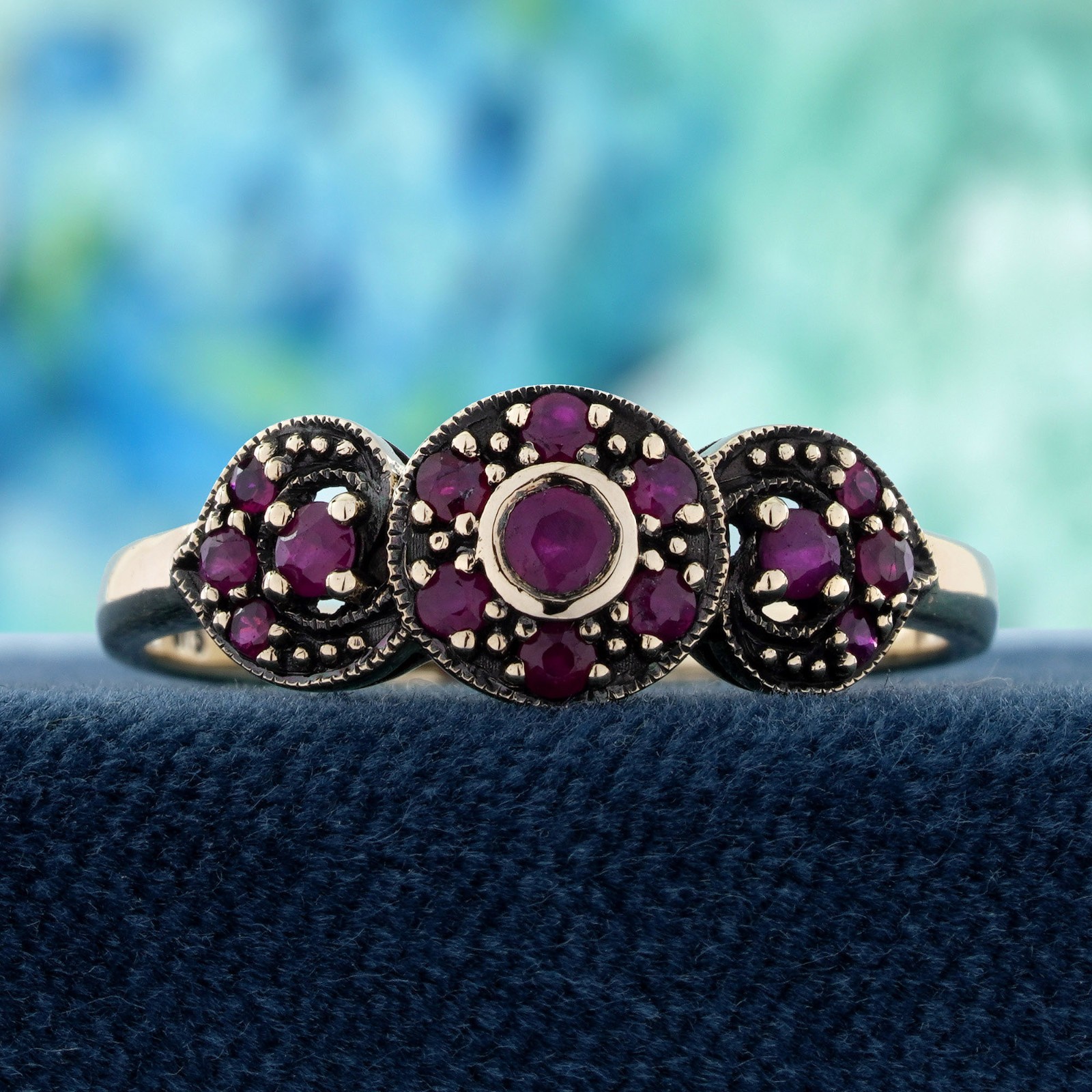 9K Yellow Gold Ruby Blue Topaz White Sapphire Three Stone Cluster Ring Victorian
