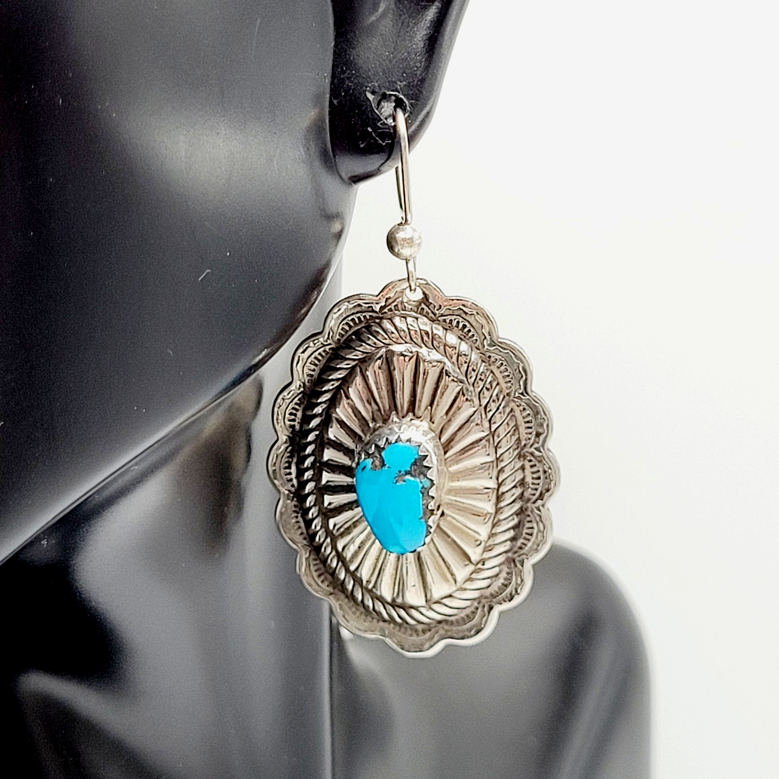 Southwestern Style Silver Tone Turquoise Concho Dangle Pierced Hook Earrings