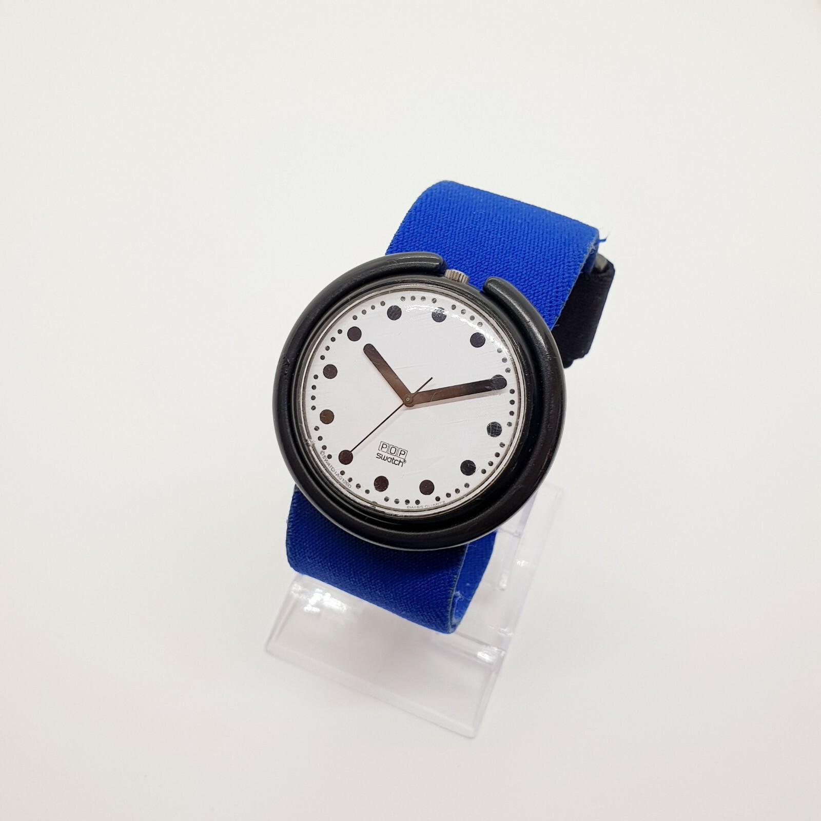 1990 Rare Pop Swatch Watch Black Dots Seconds Hand no Lume Blue Pop Strap 90s