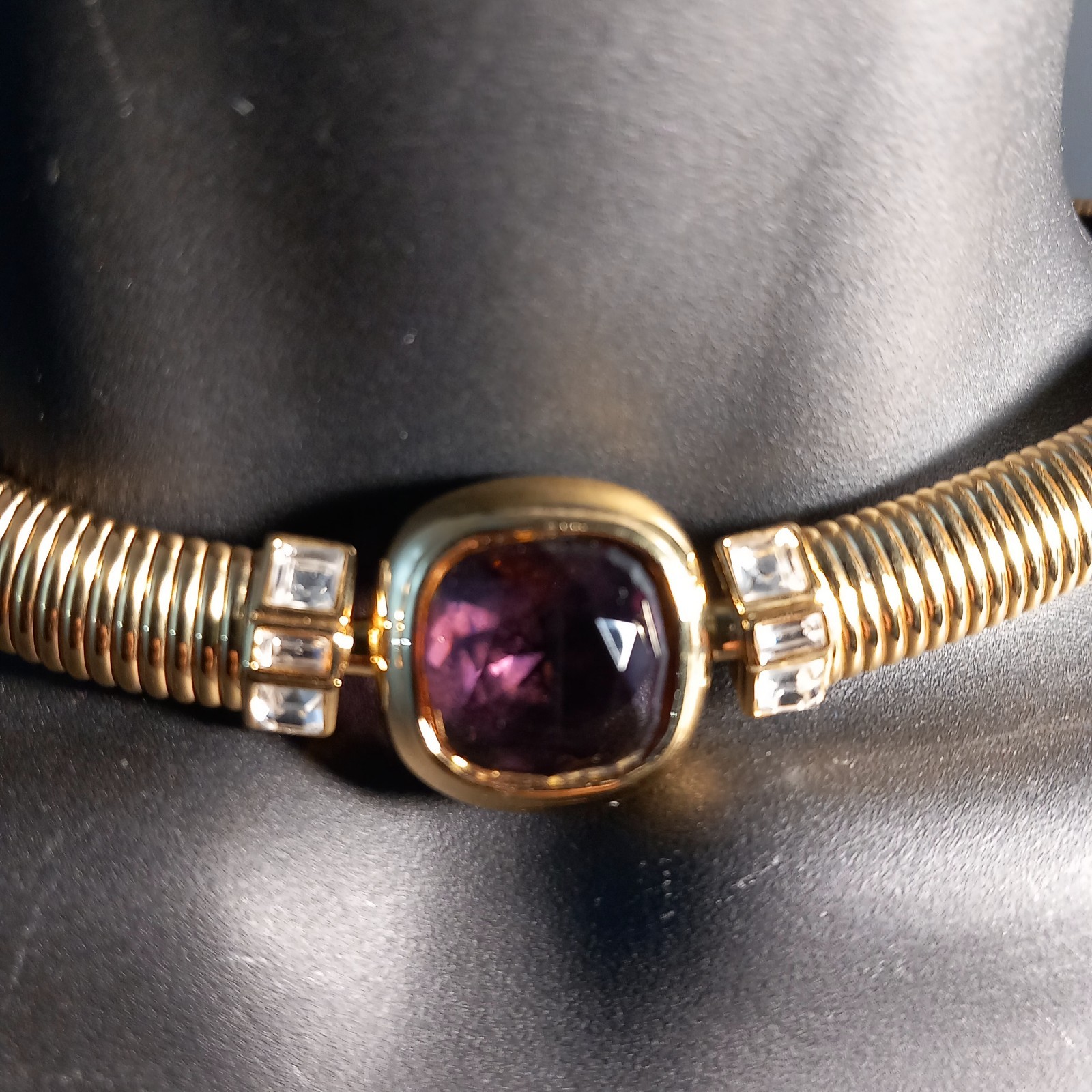 1980’s Nina Ricci Gold Tone Omega Tubogas Collar Necklace Purple&Clear Crystals