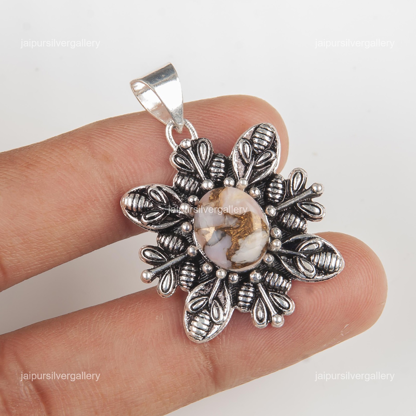 925 Silver Throat Chakra Oval Pink Opal Turquoise Stone Vintage Pendant Jewelry