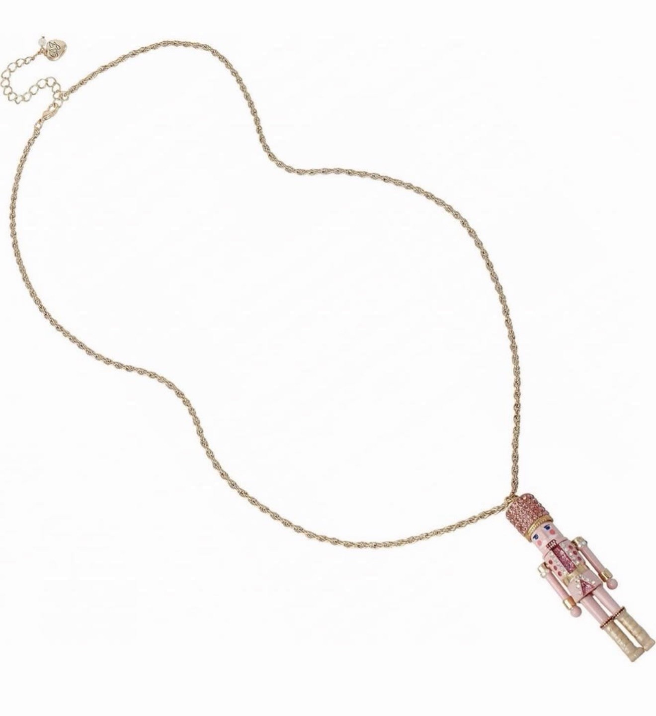Nutcracker Charm Pendant Necklace Gold Tone Rope Chain Pink Crystal & Pearl
