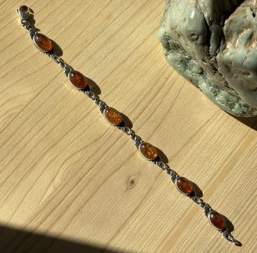 Vtg 925 Sterling Oval Cognac Amber Stones Link Leaf Chain Bracelet 7 Inches 10g