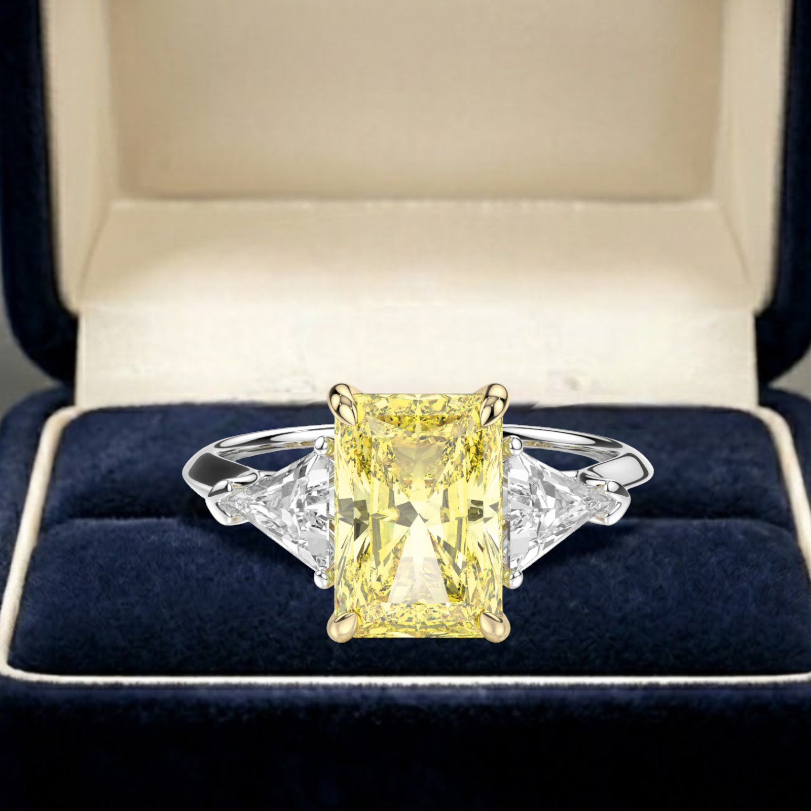 Diamond Ring Fancy Vivid Yellow 5.00 Ct Radiant Cut IGI Lab Grown 18k Multi Gold
